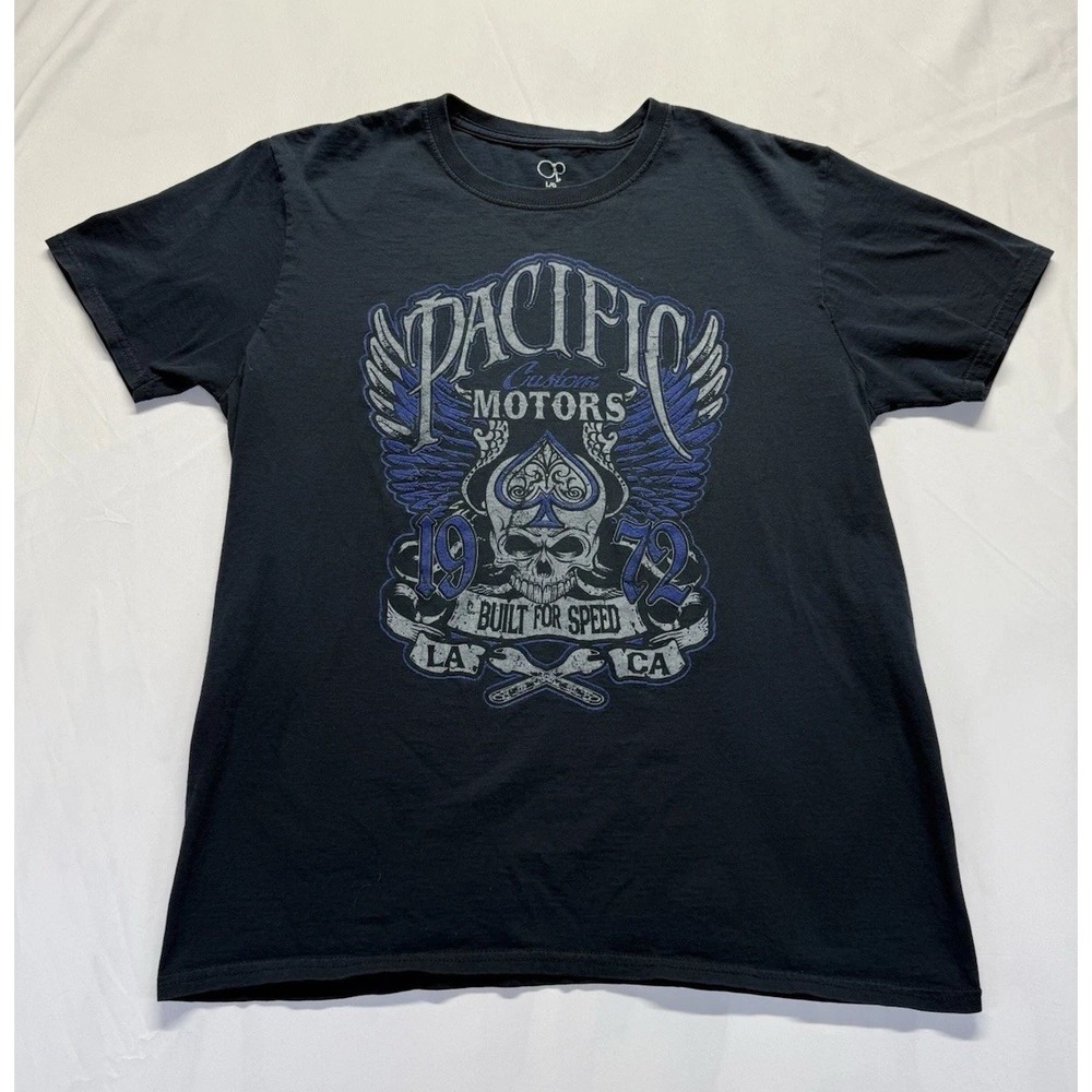 Pacific Motors Shirt Mens L BlackSkull Wings Built For Speed Motorcycle 1972 Tee